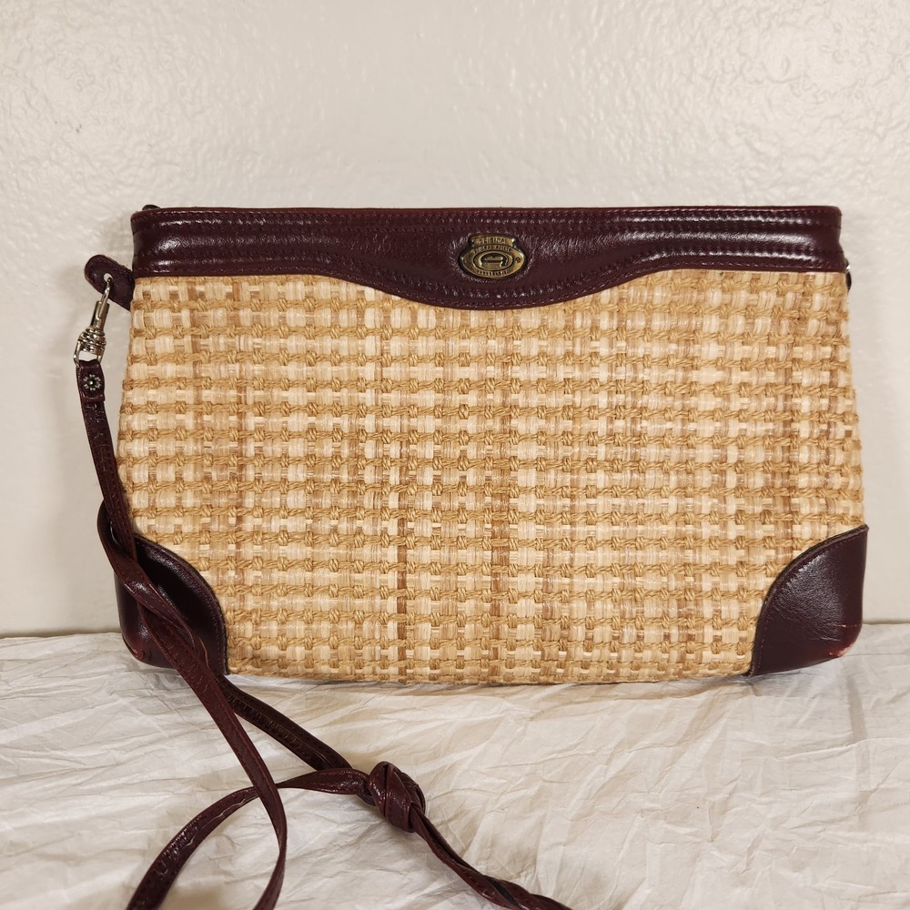 Etienne Aigner Vintage Woven Straw Dark Burgundy Leather Trim Shoulder Bag Purse
